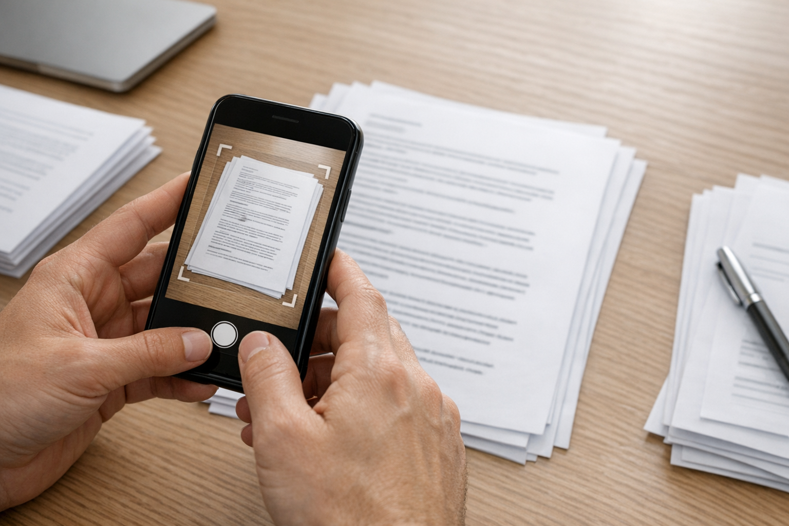 Close-up van handen die met een smartphonecamera een document van meerdere pagin...