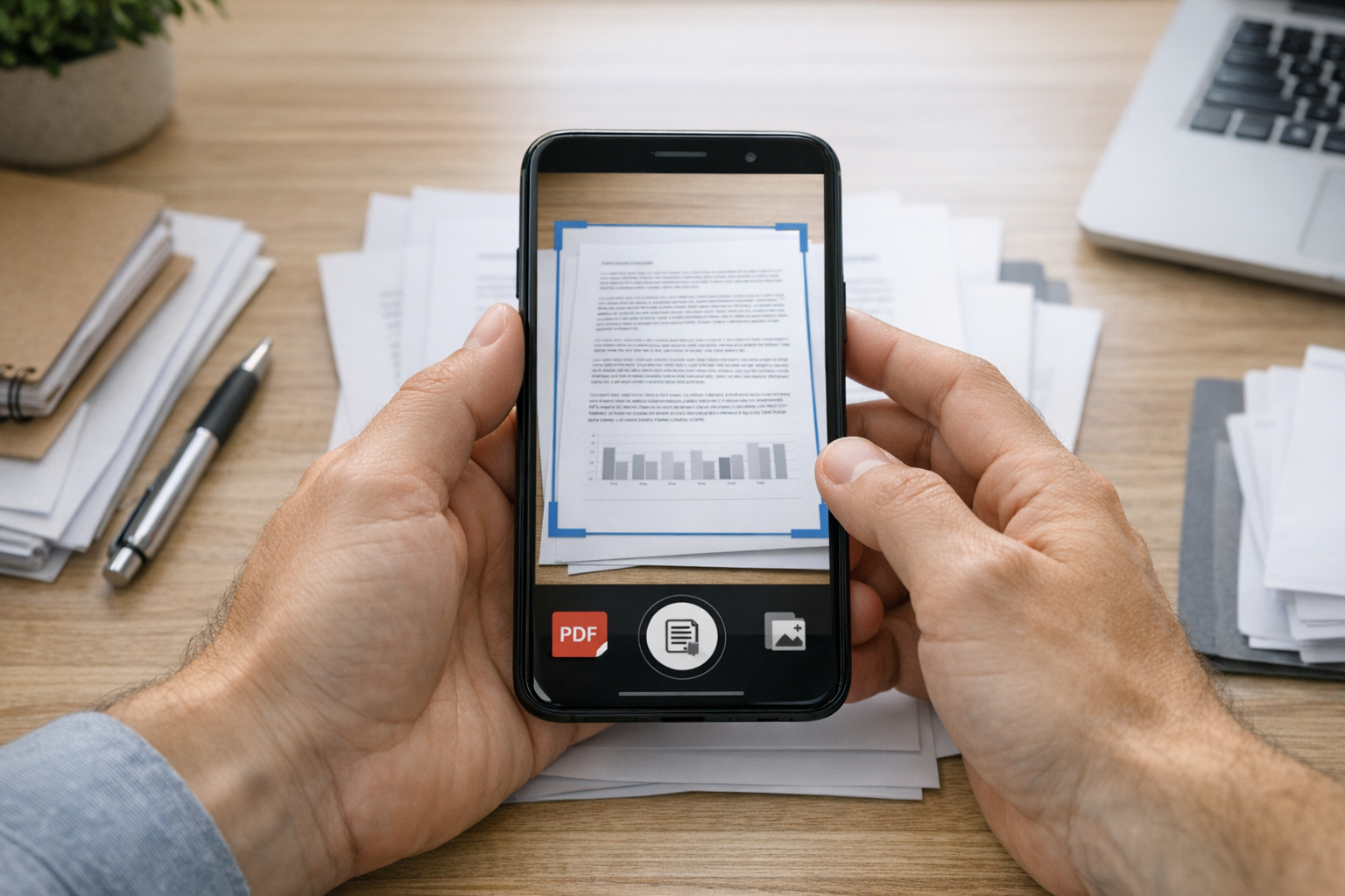 Közeli felvétel kezekről, amelyek egy okostelefon kamerájával többoldalas dokume...