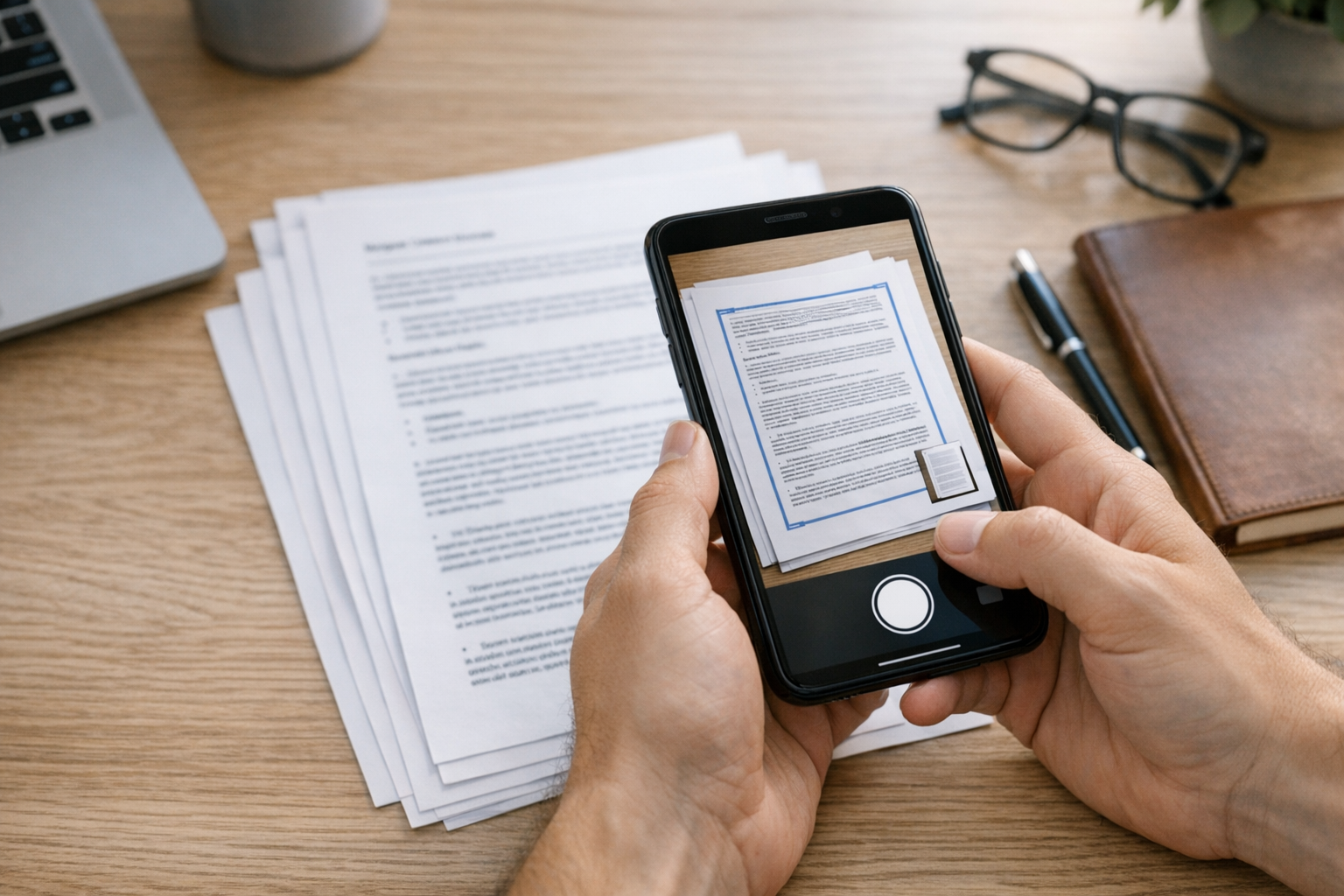 Düz bir masa üzerinde çok sayfalı bir belgeyi akıllı telefon kamerasıyla tarayan...