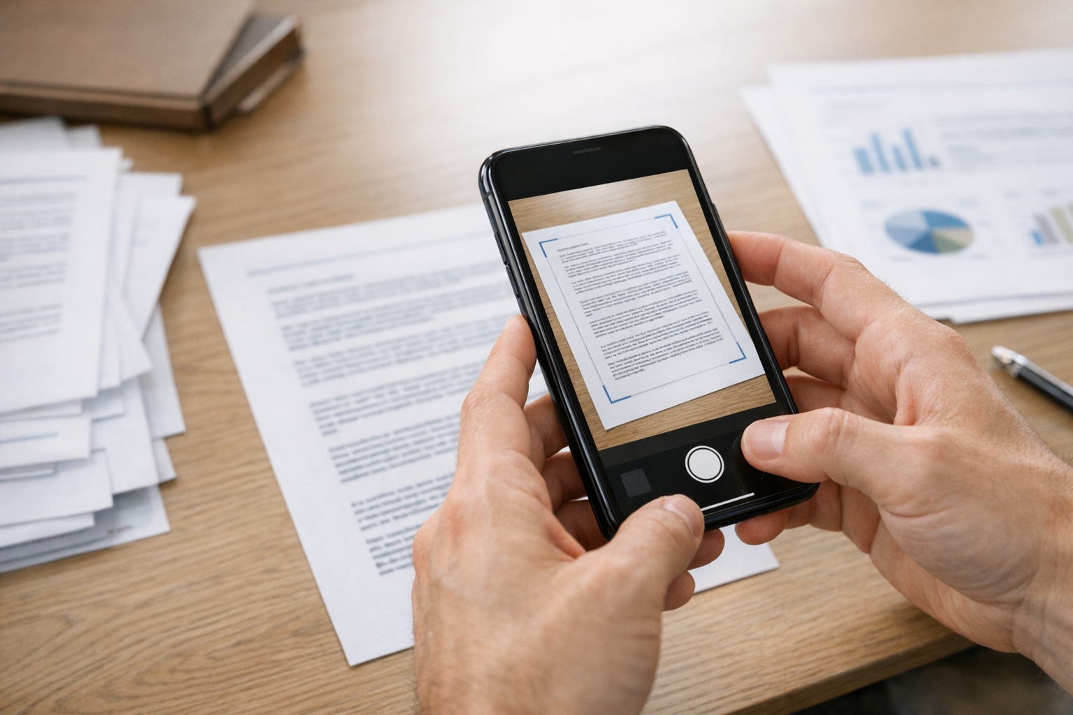 Nærbillede af hænder, der bruger en smartphones kamera til at scanne et flerside...