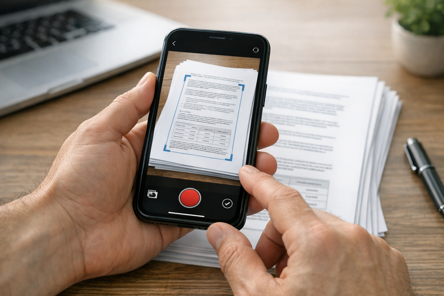 साधारण मेज़ पर रखे बहुपृष्ठीय दस्तावेज़ को स्मार्टफोन कैमरे से स्कैन करते हाथों ...