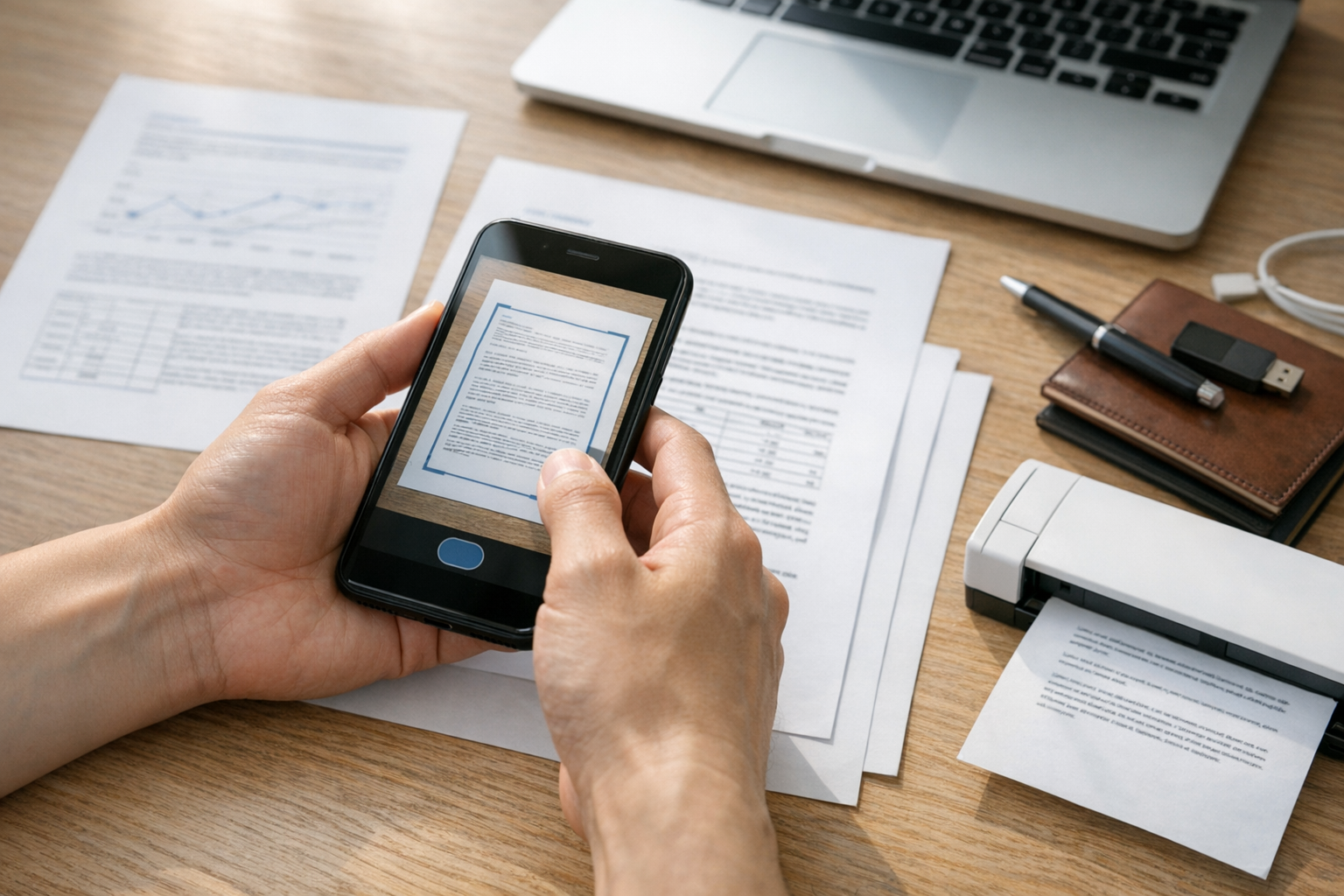 無地のテーブルの上で、整然と並べられた複数ページの書類をスマートフォンのカメラでスキャンしている手元のクローズアップ。やわらかな自然光、リアルなモバイル作業環境...