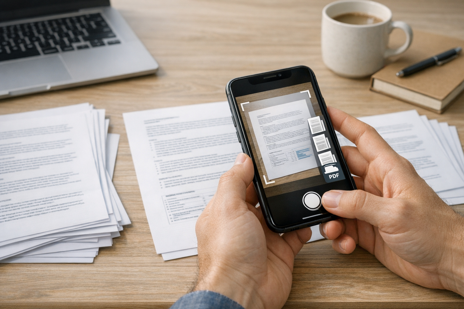 Zbliżenie na dłonie używające aparatu smartfona do skanowania wielostronicowego ...