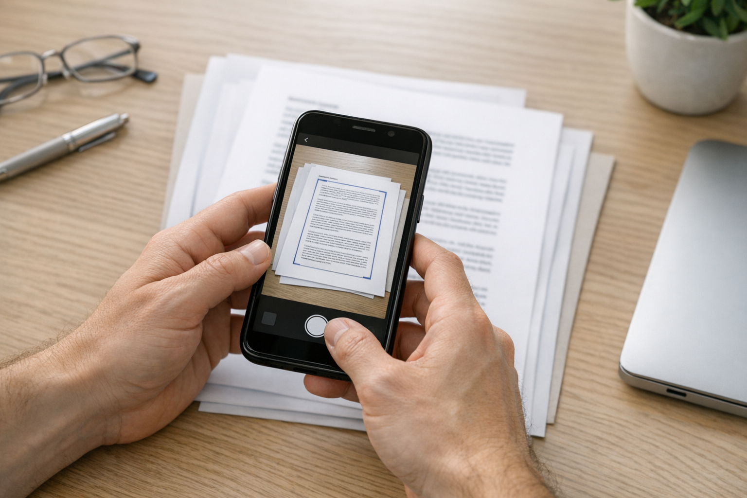 Närbild på händer som använder en smartphonekamera för att skanna ett flersidigt...