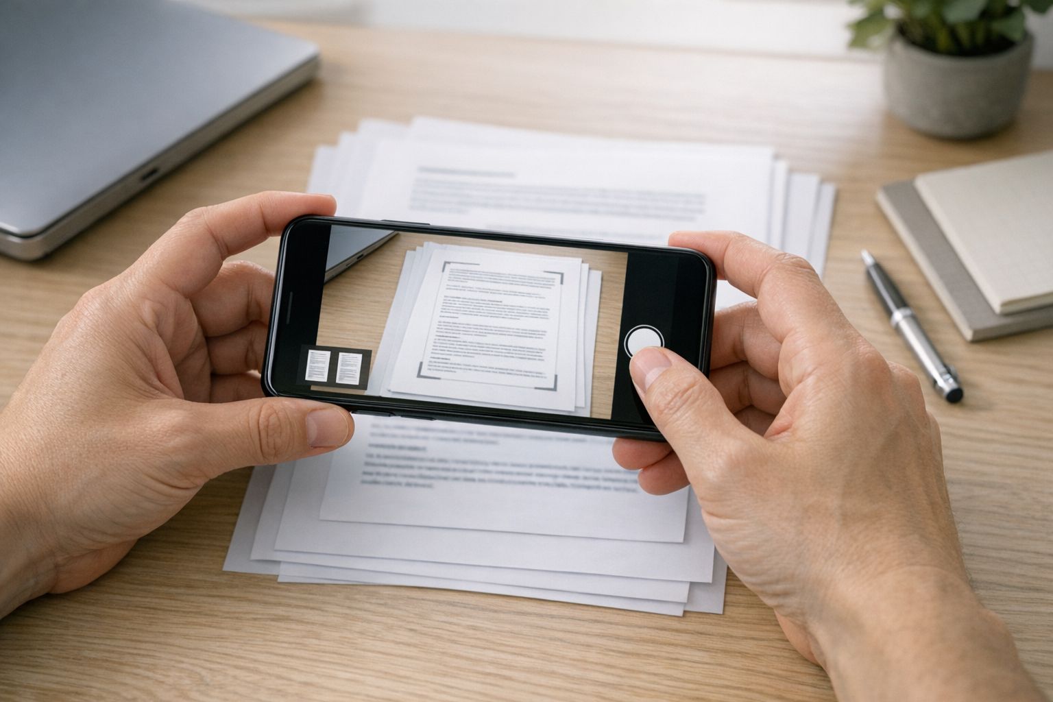 Nahaufnahme von Händen, die mit einer Smartphone-Kamera ein mehrseitiges Dokumen...