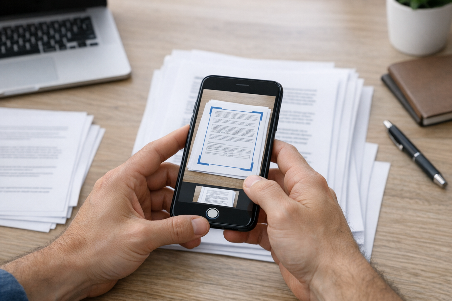 תקריב של ידיים המשתמשות במצלמת סמארטפון כדי לסרוק מסמך רב-עמודי על שולחן פשוט, ע...