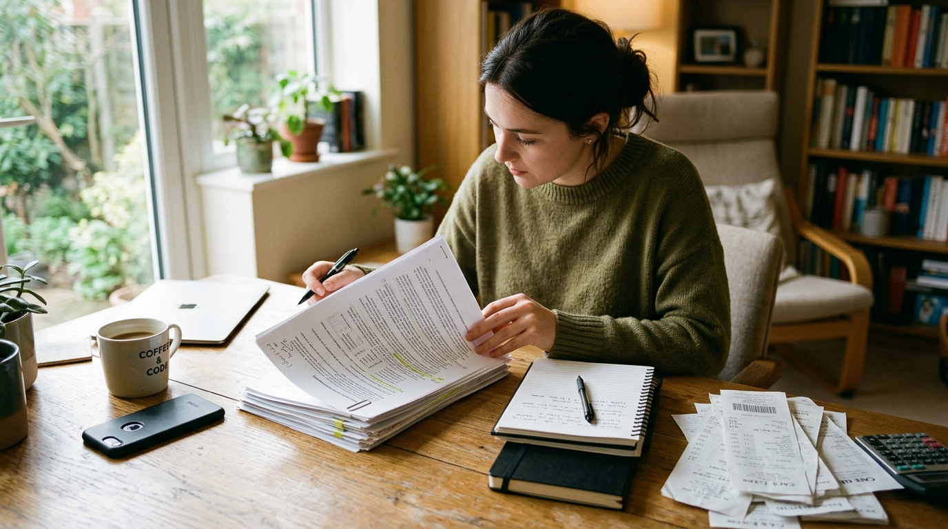 Candid scene of a freelancer or student reviewing a multi-page scanned document ...