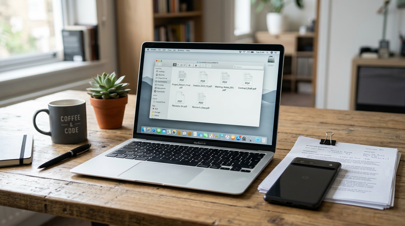 Organized workspace with several scanned documents turned into neat PDF files on...