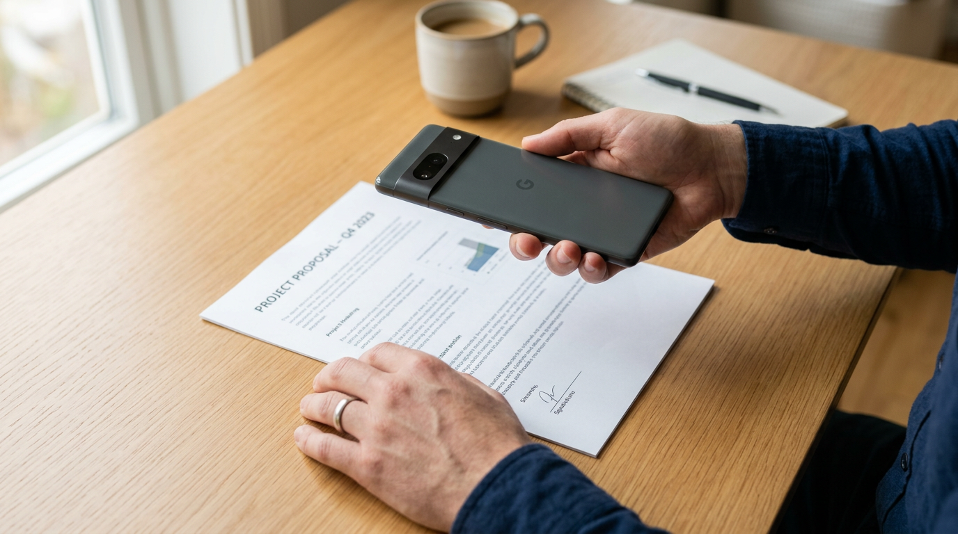 Realistic close-up of a person using a smartphone camera to scan a paper documen...