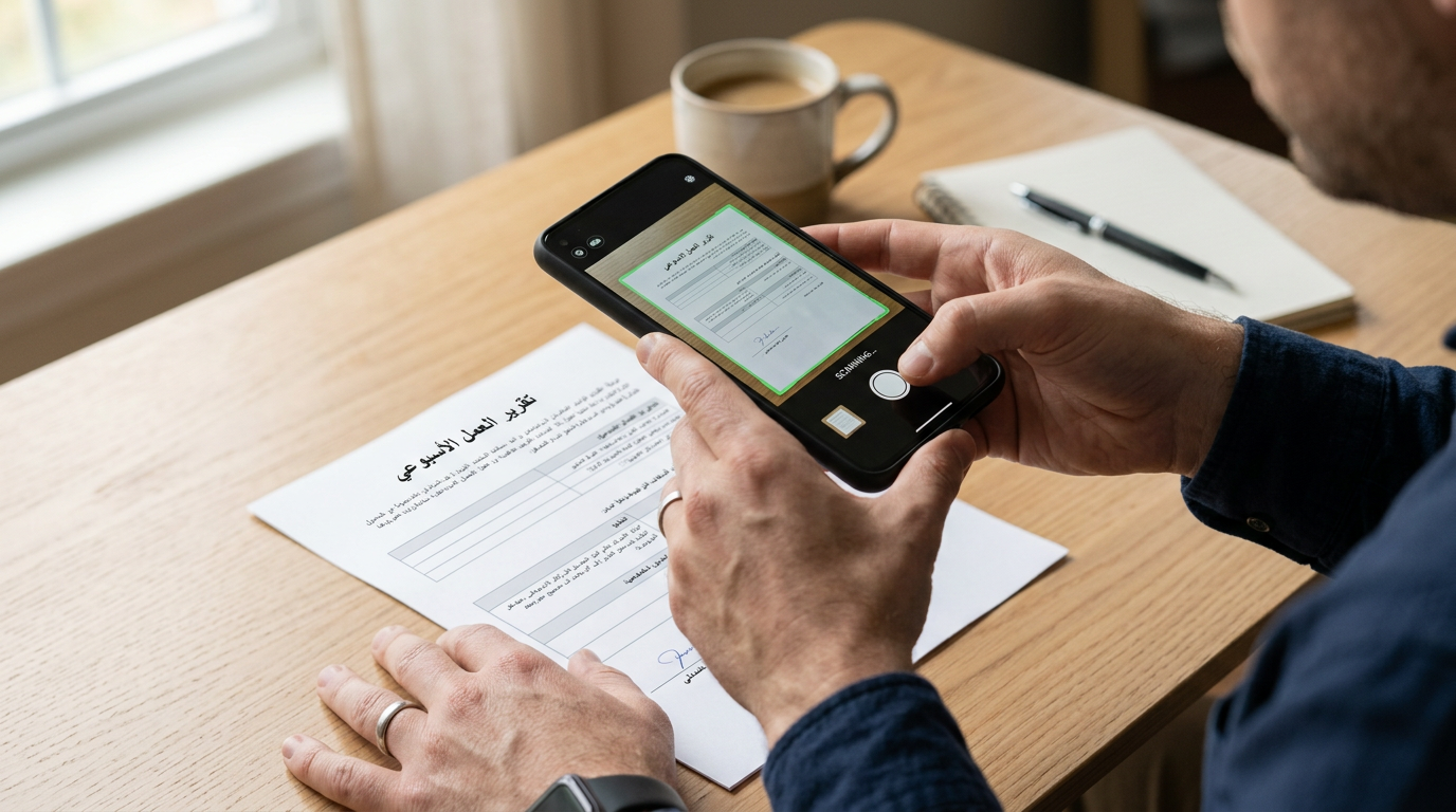 لقطة قريبة واقعية لشخص يستخدم كاميرا هاتف ذكي لمسح مستند ورقي على طاولة بسيطة، م...