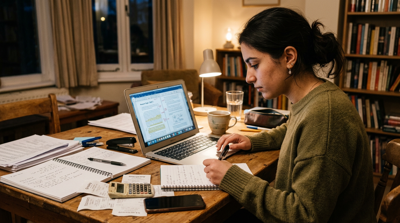 مشهد واقعي عفوي لمستقل أو طالب يراجع مستندًا ممسوحًا متعدد الصفحات بجانب دفاتر و...