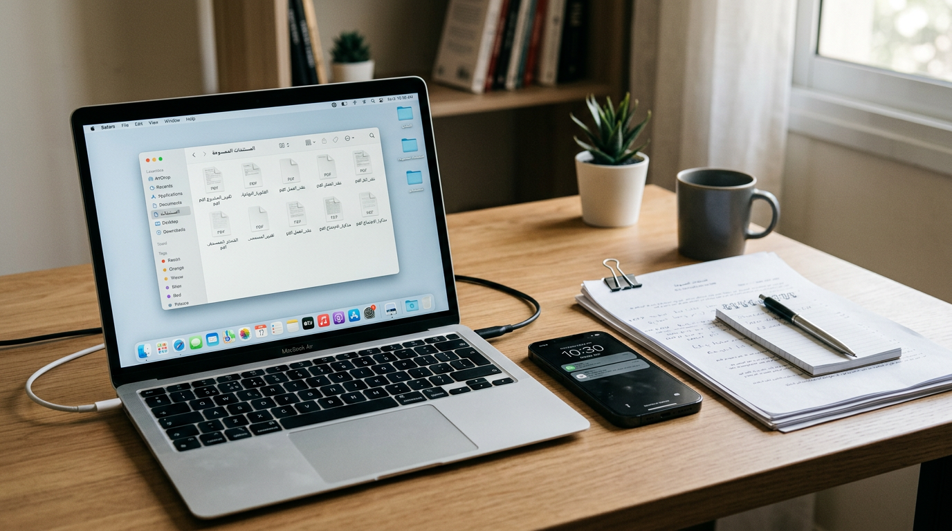 مساحة عمل منظمة تضم عدة مستندات ممسوحة تحولت إلى ملفات PDF مرتبة على حاسوب محمول...