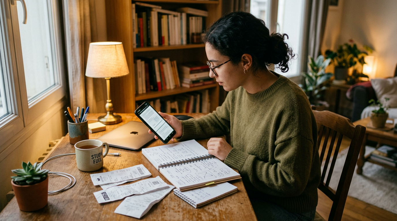 Scène spontanée d’un freelance ou d’un étudiant relisant un document numérisé de...
