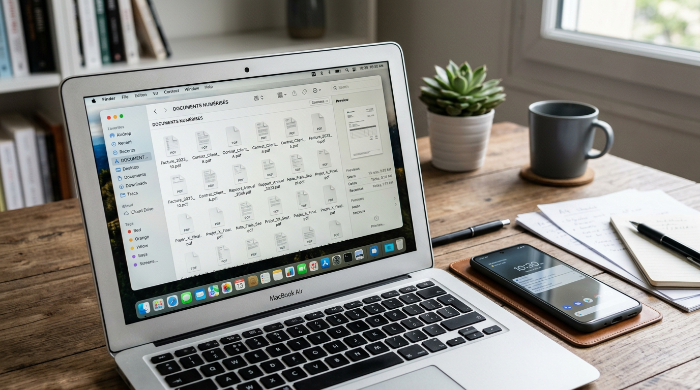 Espace de travail organisé avec plusieurs documents numérisés transformés en fic...