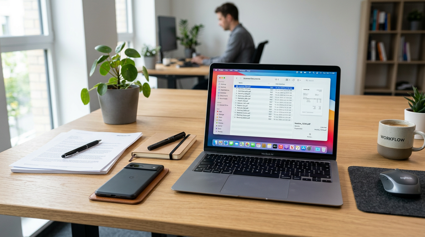 Organiseret arbejdsplads med flere scannede dokumenter, der er blevet til pæne P...