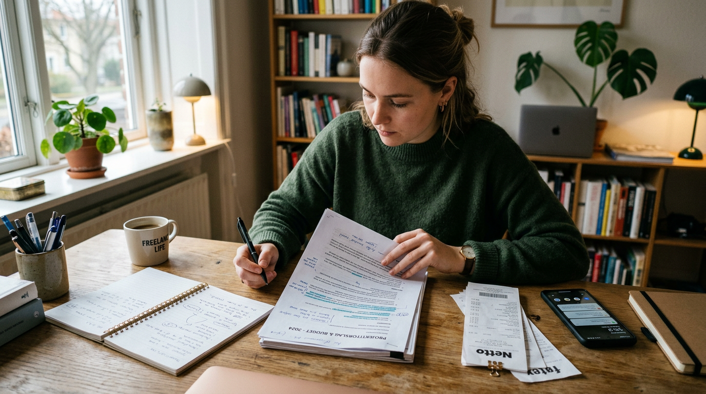 Uformel scene af en freelancer eller studerende, der gennemgår et flersidet scan...