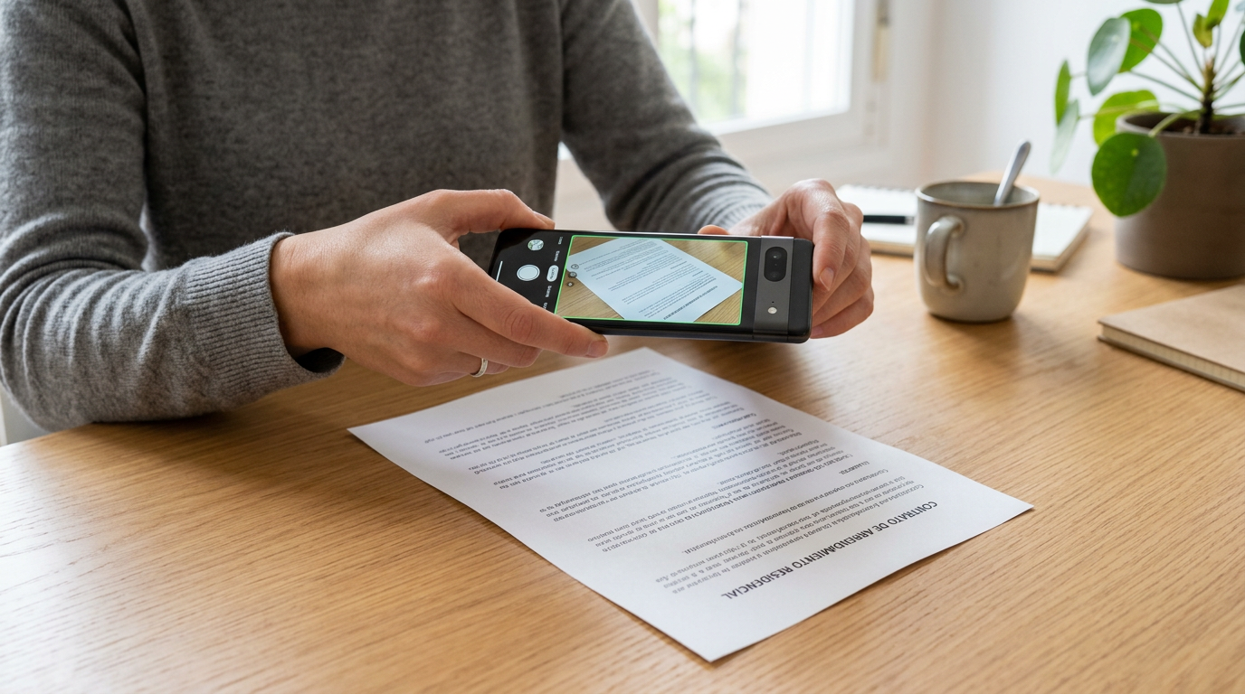 Primer plano realista de una persona usando la cámara de un smartphone para esca...