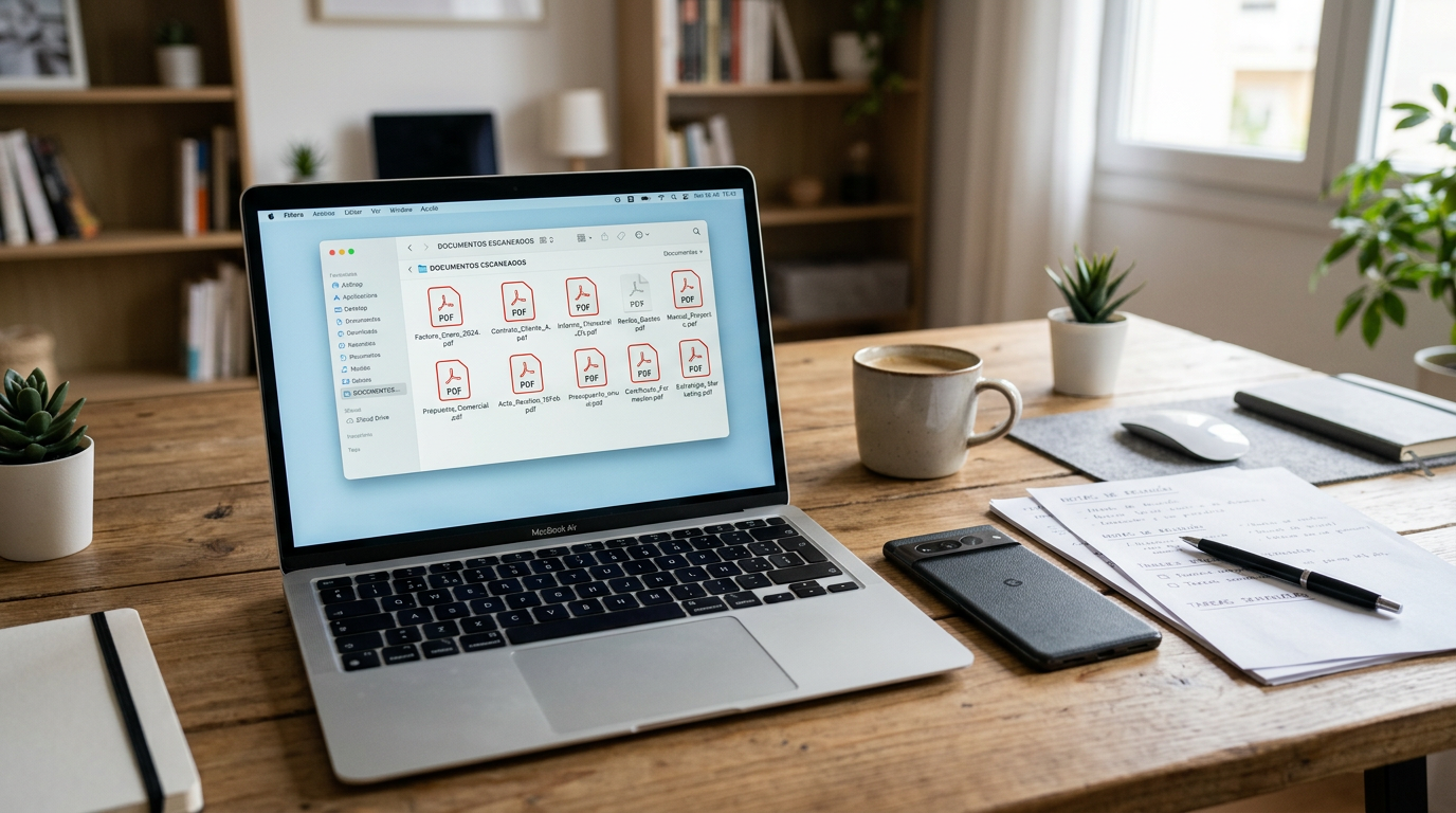 Espacio de trabajo ordenado con varios documentos escaneados convertidos en arch...