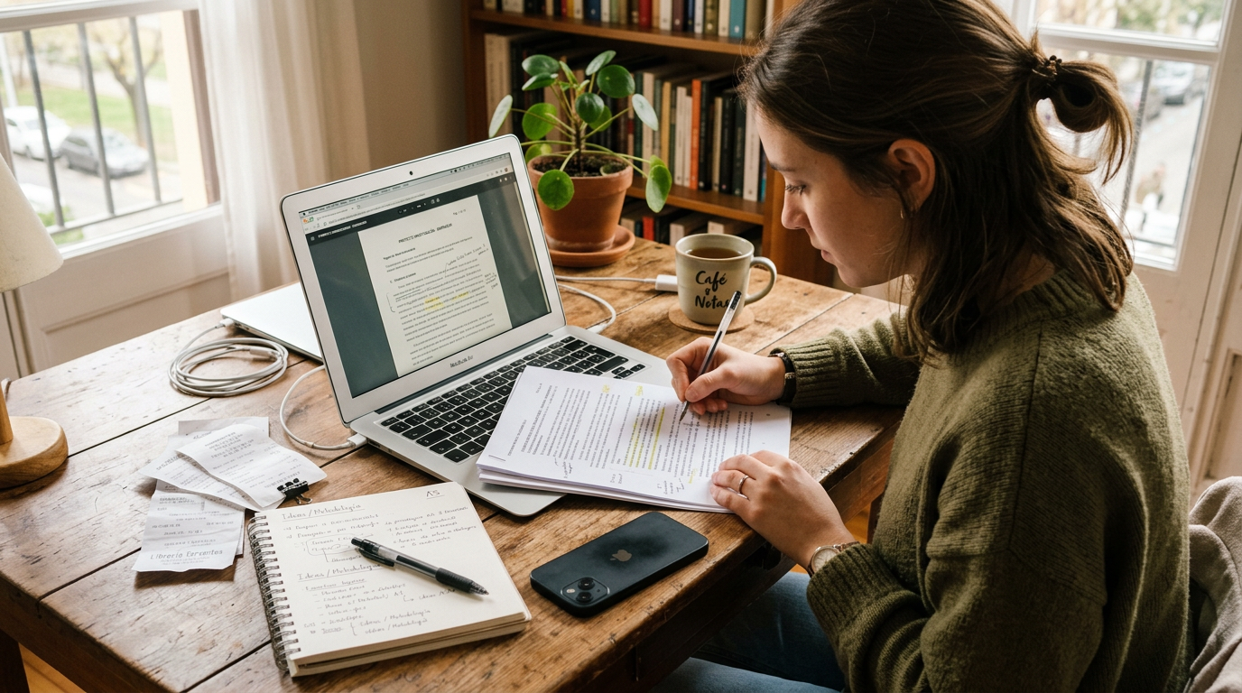 Escena natural de un freelance o estudiante revisando un documento escaneado de ...