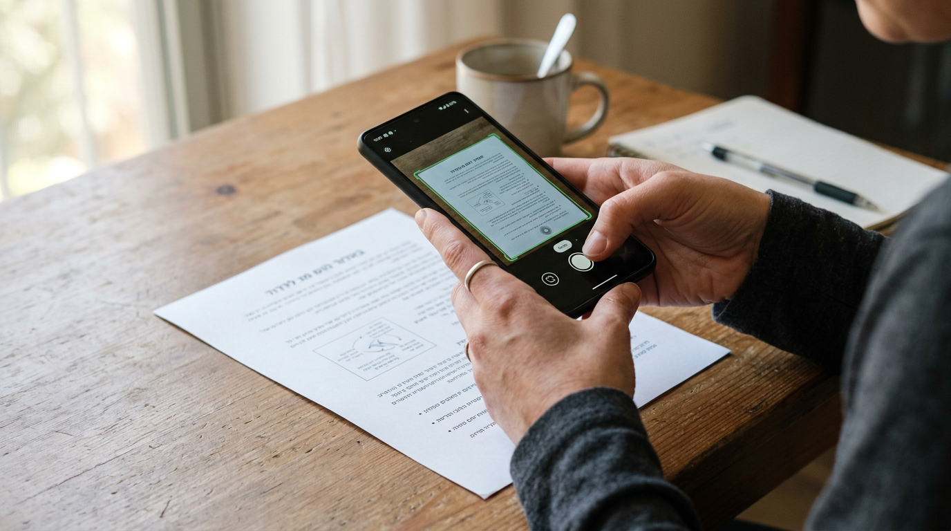 תקריב ריאליסטי של אדם המשתמש במצלמת סמארטפון כדי לסרוק מסמך נייר על שולחן פשוט, ...