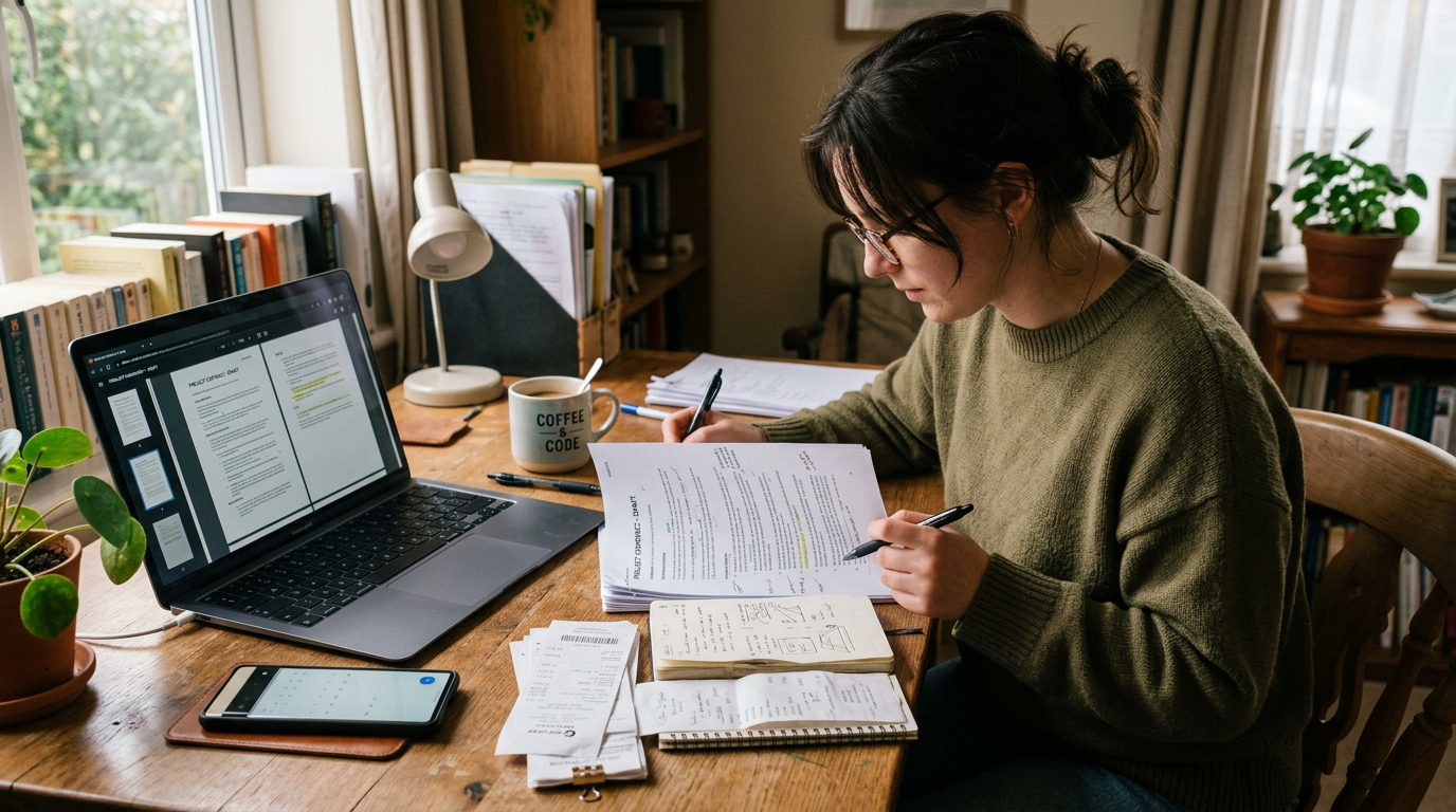 סצנה טבעית של פרילנסר או סטודנט שסוקר מסמך סרוק מרובה עמודים לצד מחברות וקבלות, ...