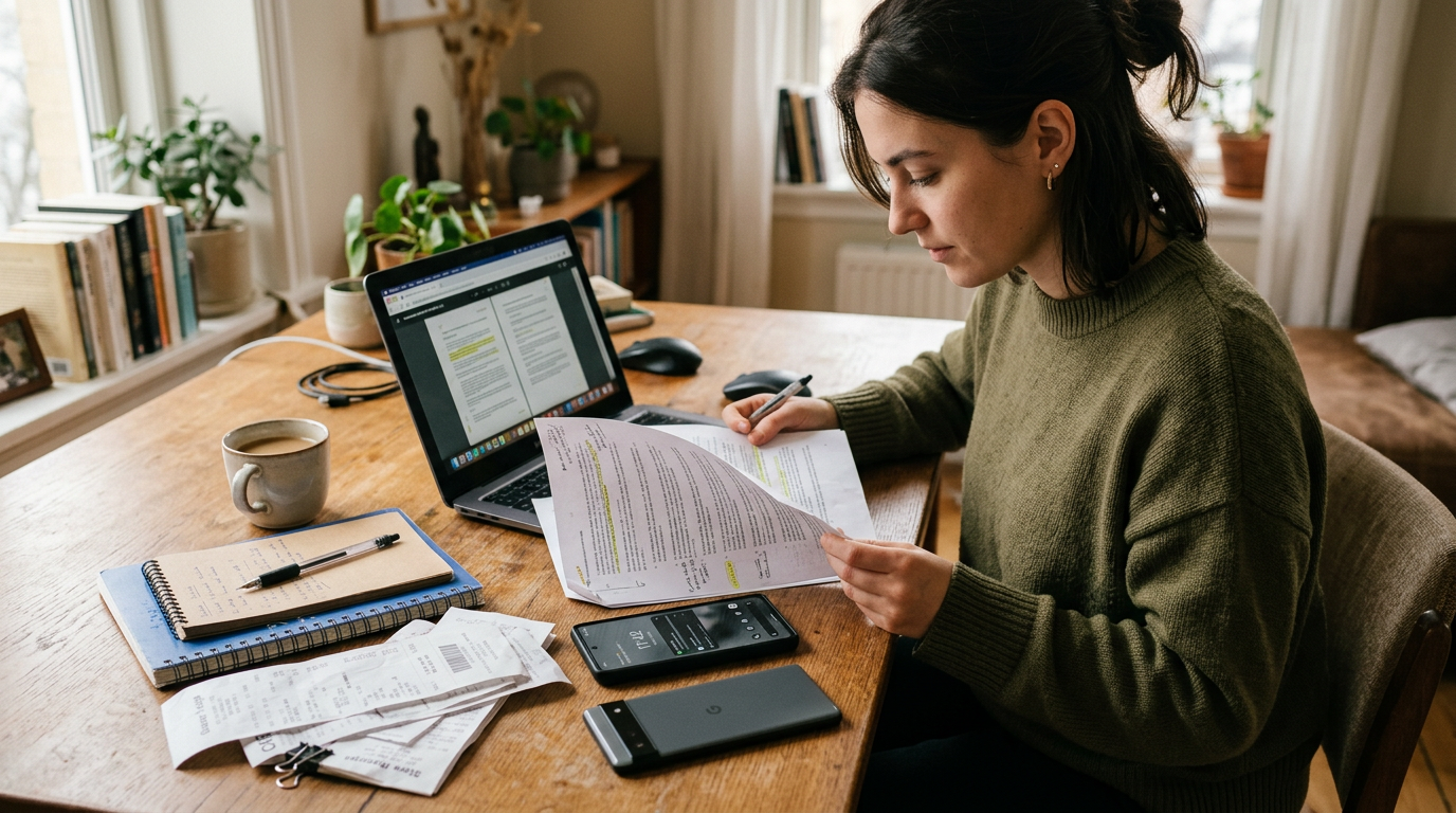Naturalna scena freelancera lub studenta przeglądającego wielostronicowy zeskano...