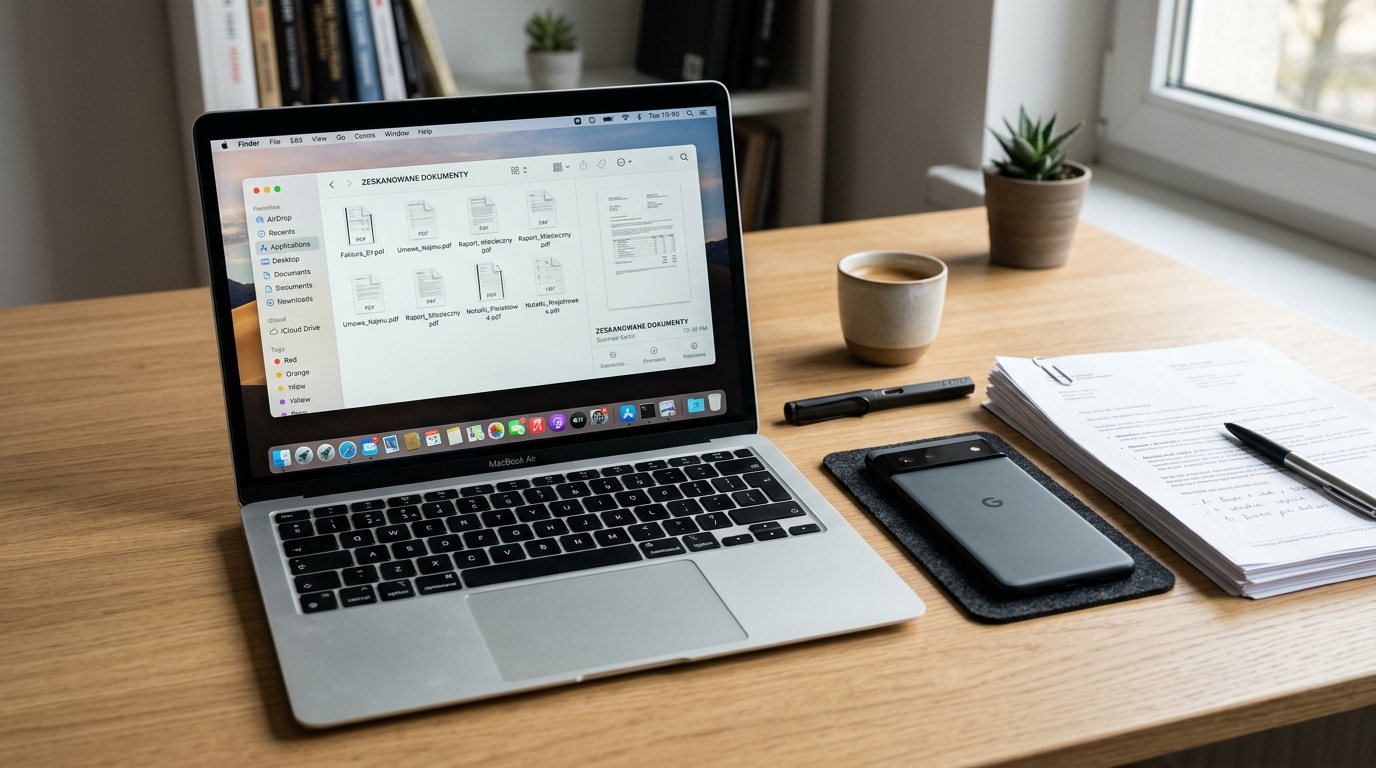 Uporządkowane miejsce pracy z kilkoma zeskanowanymi dokumentami zamienionymi w s...