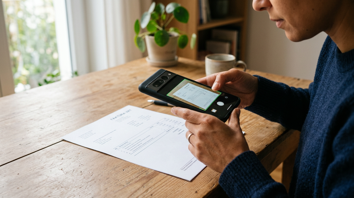 Realistyczne zbliżenie osoby używającej aparatu w smartfonie do skanowania papie...