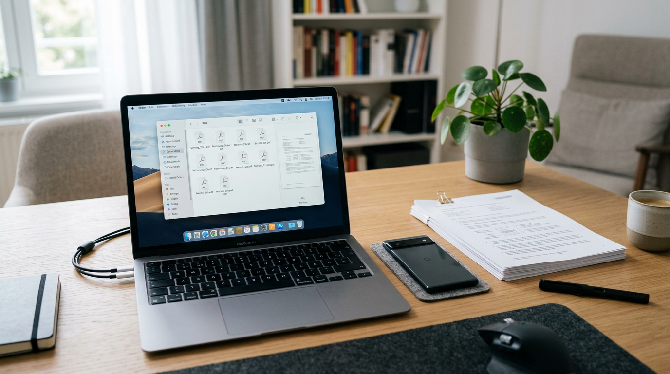 Ordentlich organisierter Arbeitsplatz mit mehreren gescannten Dokumenten, die au...