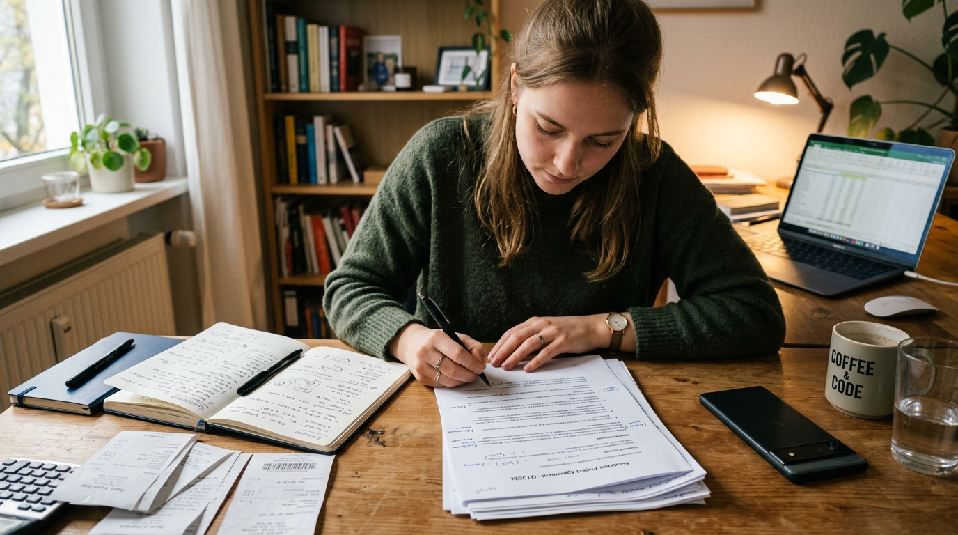 Authentische Szene, in der ein Freelancer oder Student ein mehrseitig gescanntes...