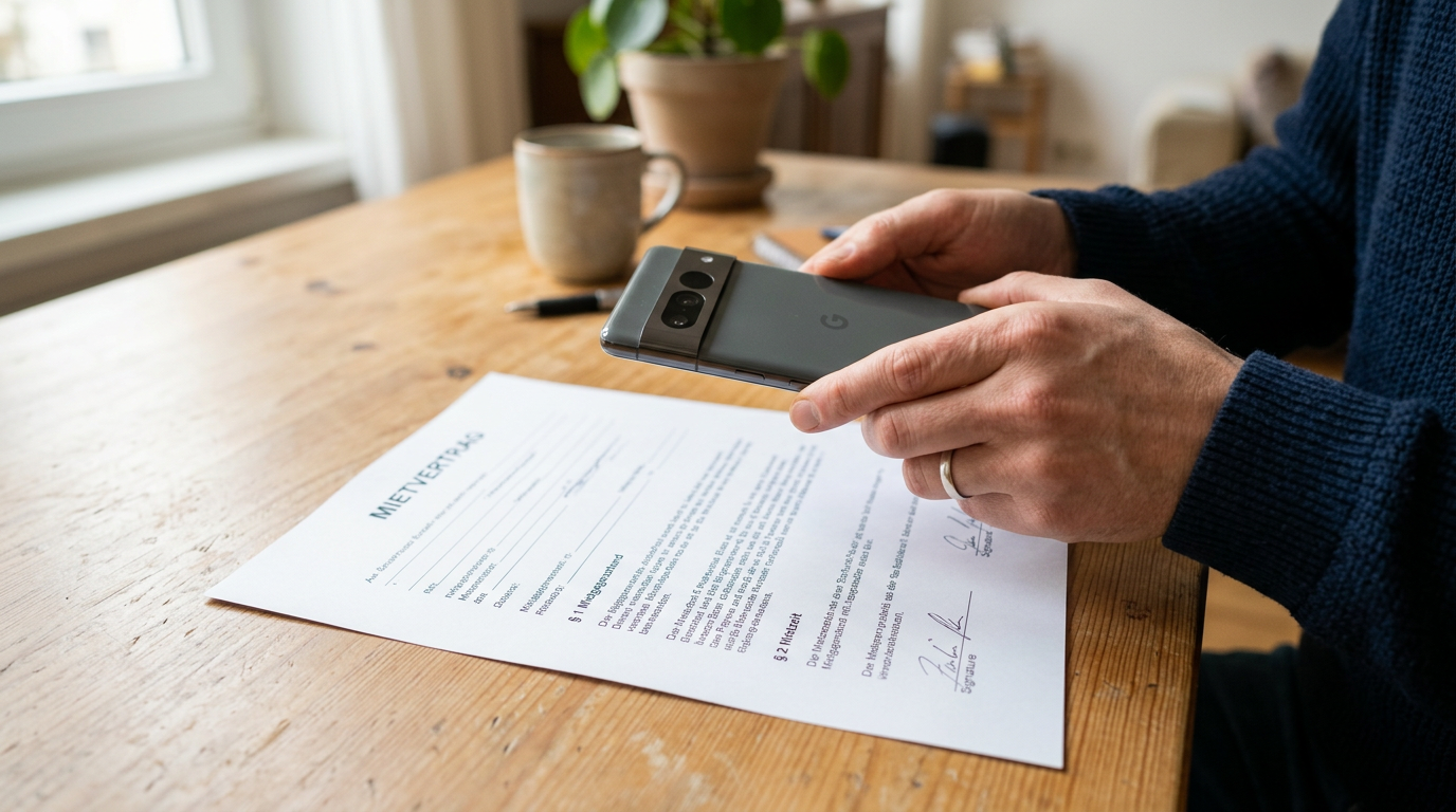 Realistische Nahaufnahme einer Person, die mit der Smartphone-Kamera ein Papierd...