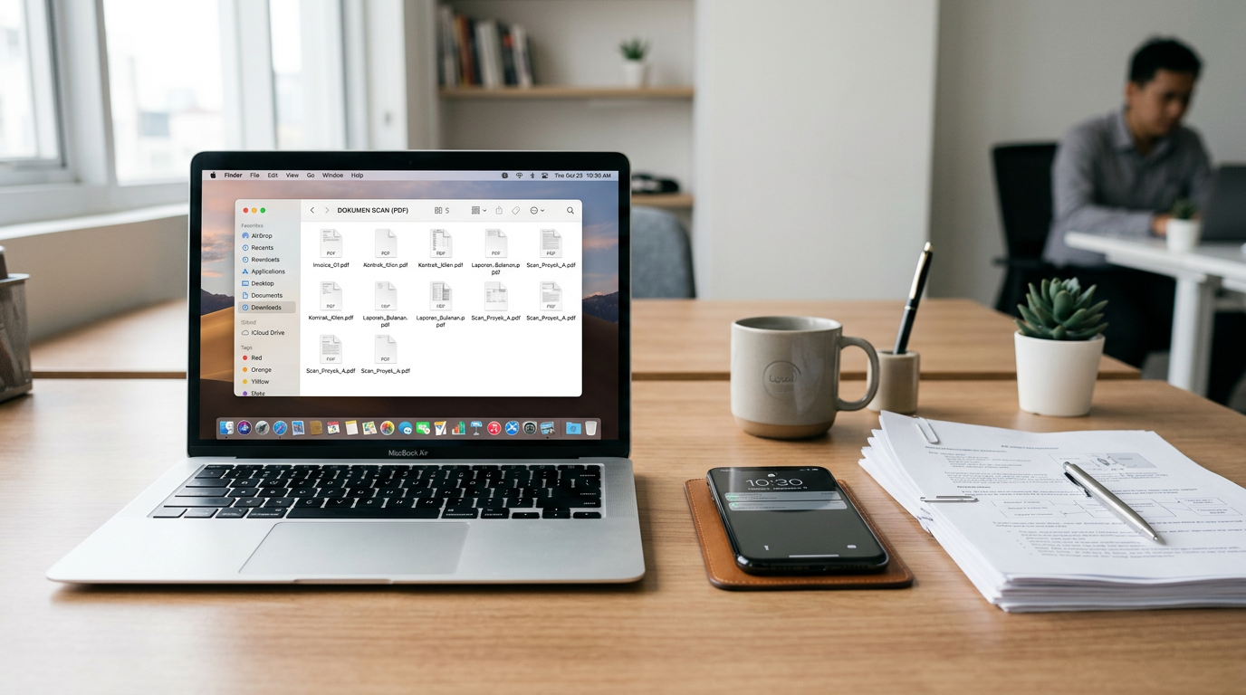 Ruang kerja rapi dengan beberapa dokumen hasil scan yang sudah menjadi file PDF ...