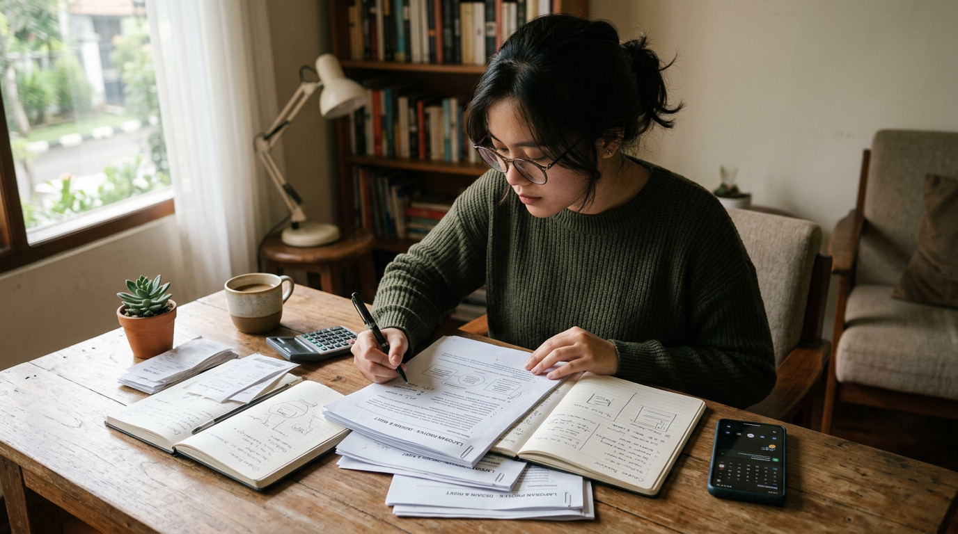 Suasana alami seorang freelancer atau pelajar meninjau dokumen hasil scan multi-...