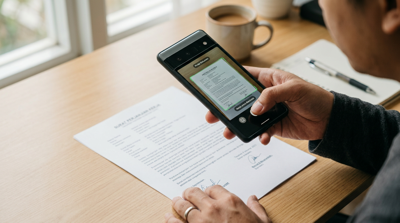 Close-up realistis seseorang menggunakan kamera smartphone untuk memindai dokume...