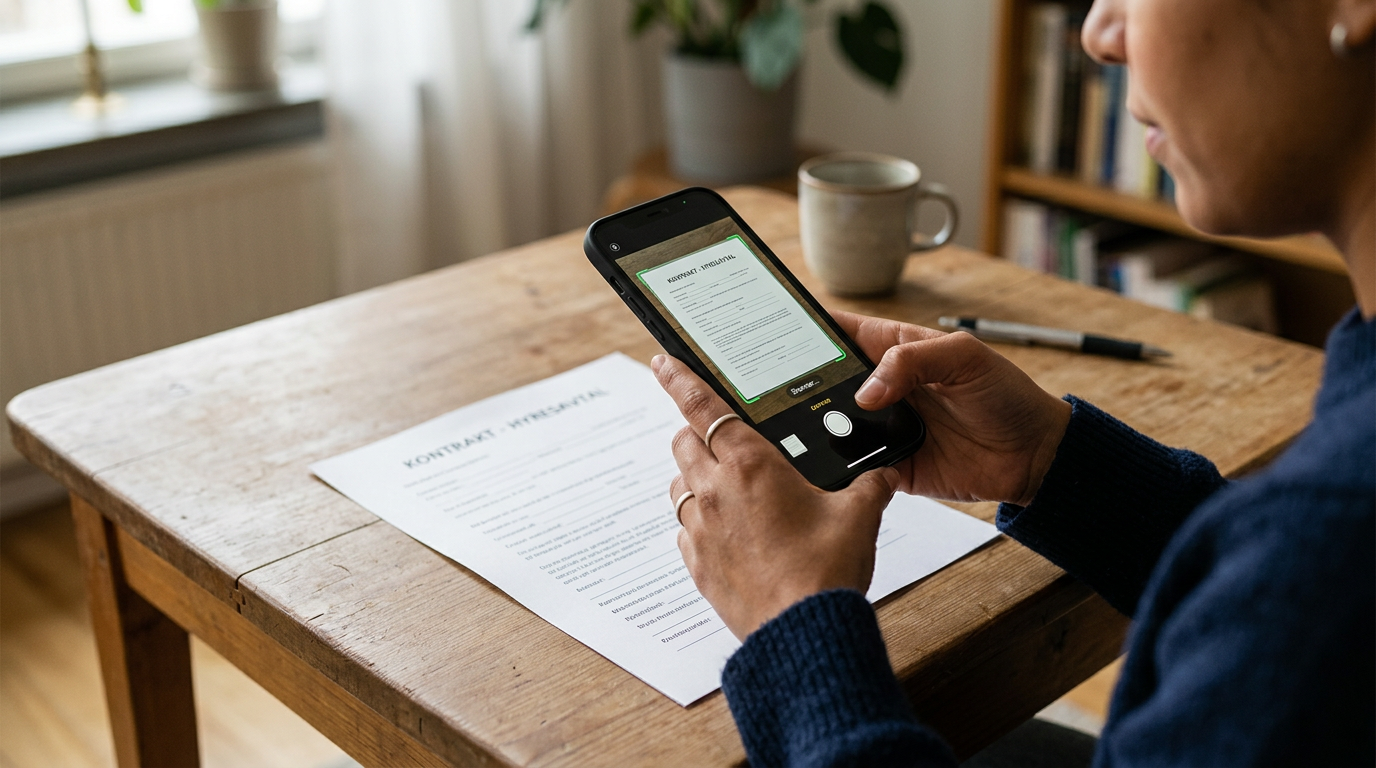 Realistisk närbild av en person som använder en mobilkamera för att skanna ett p...