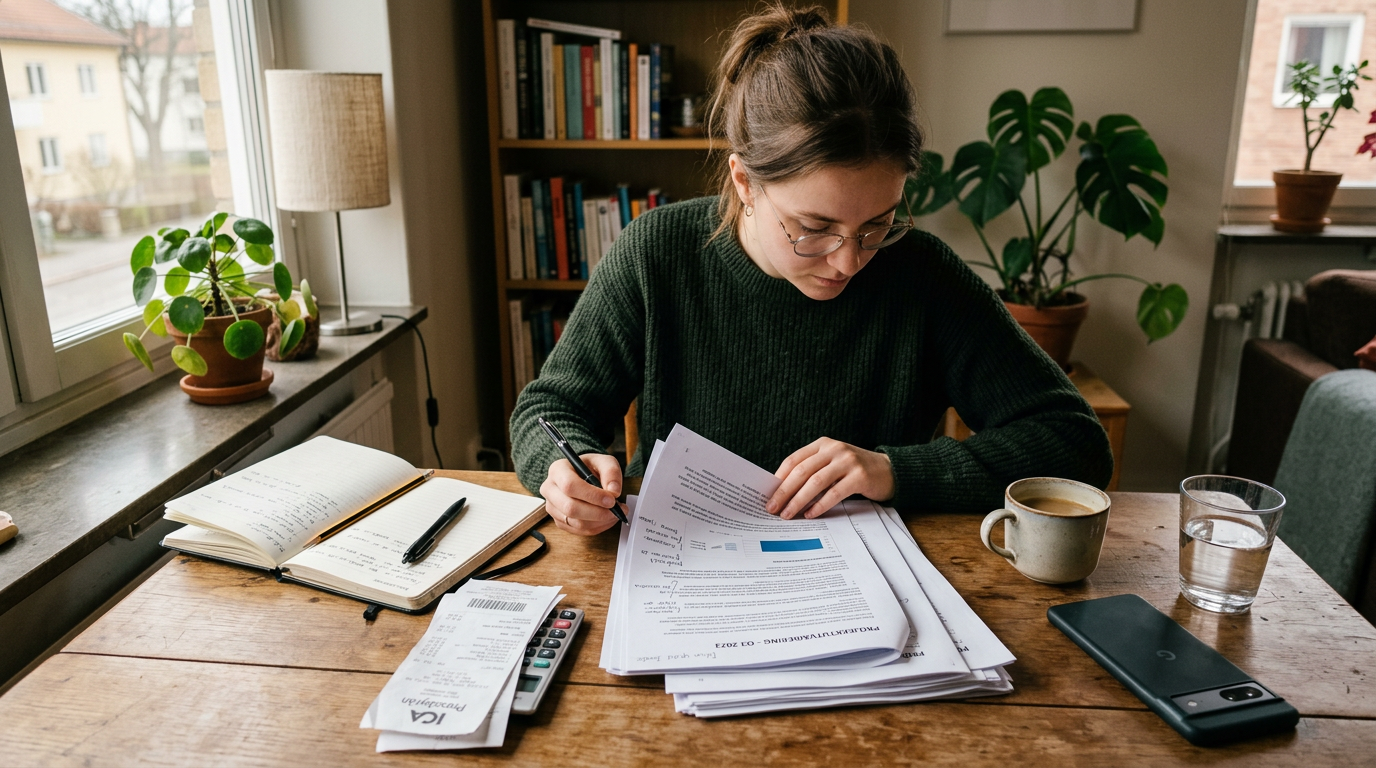 Vardagsnära scen med en frilansare eller student som granskar ett flersidigt ska...