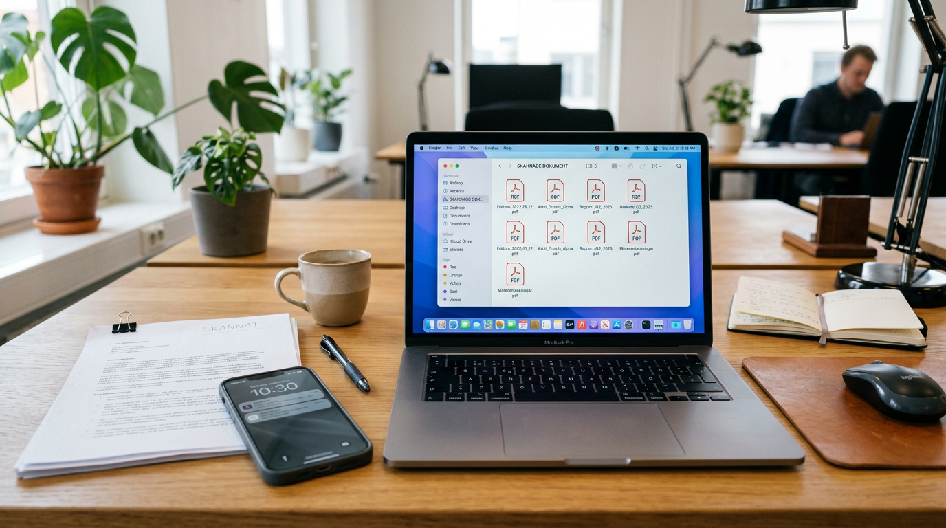 Organiserad arbetsyta med flera skannade dokument som blivit prydliga PDF-filer ...