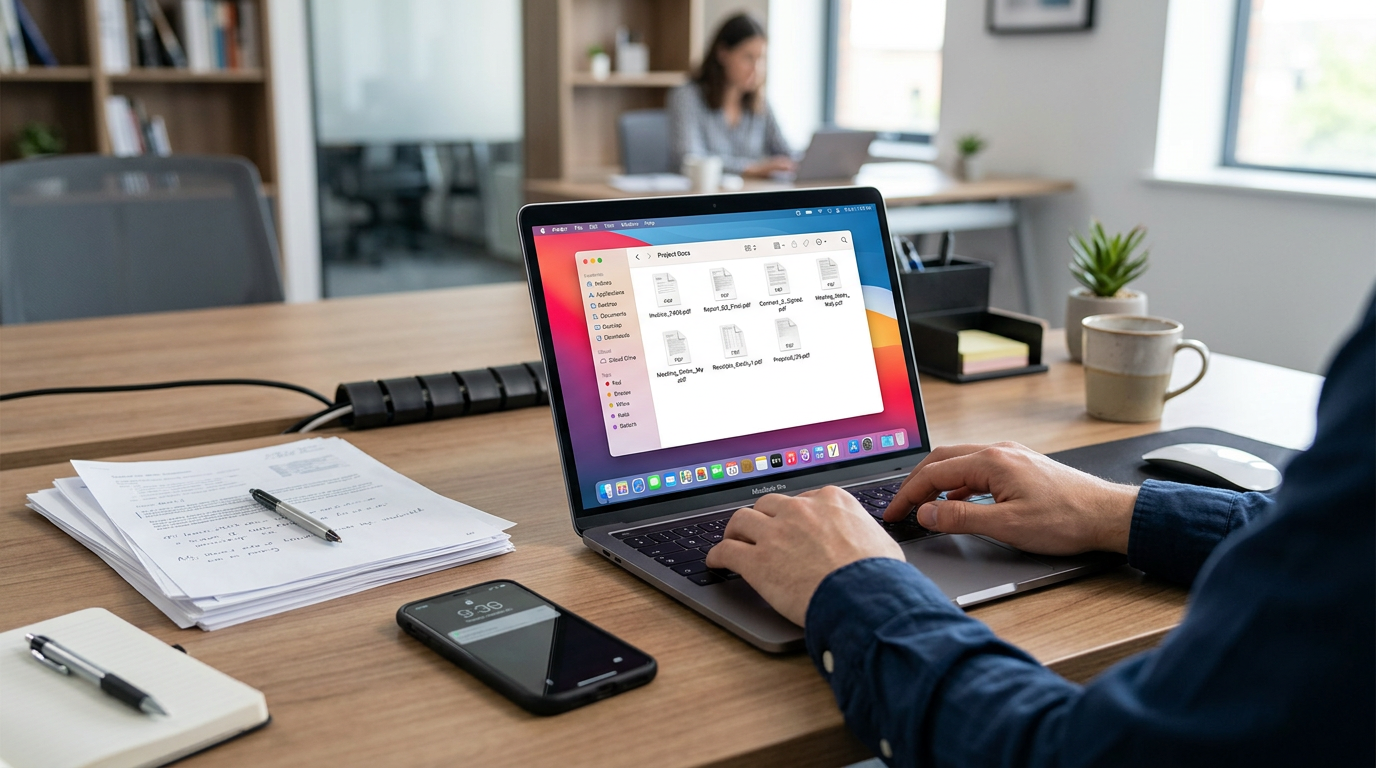 सुव्यवस्थित कार्यस्थल जिसमें कई स्कैन किए गए दस्तावेज़ लैपटॉप पर साफ़-सुथरी PDF ...