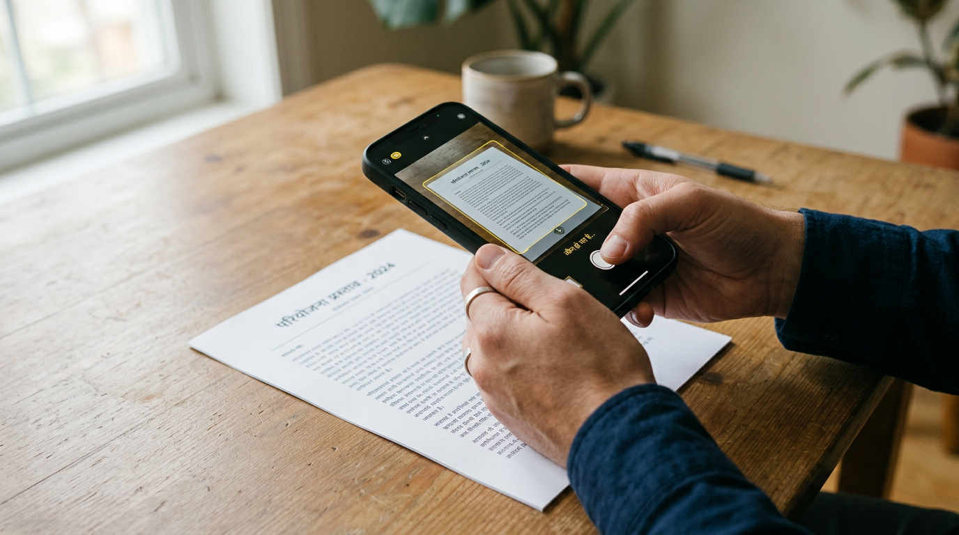 सादे टेबल पर रखे कागज़ी दस्तावेज़ को स्मार्टफोन कैमरे से स्कैन करते हुए व्यक्ति ...