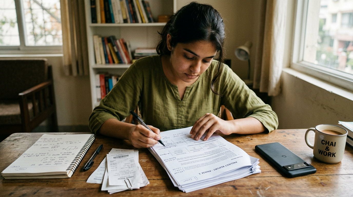 नोटबुक और रसीदों के पास रखे बहु-पृष्ठ स्कैन किए गए दस्तावेज़ की समीक्षा करता हुआ...