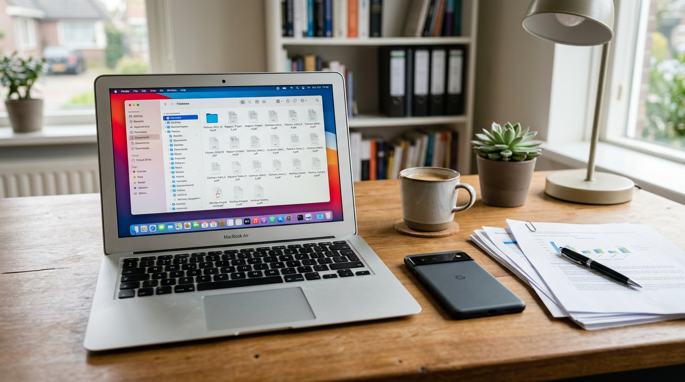 Georganiseerde werkplek met meerdere gescande documenten die zijn omgezet in net...