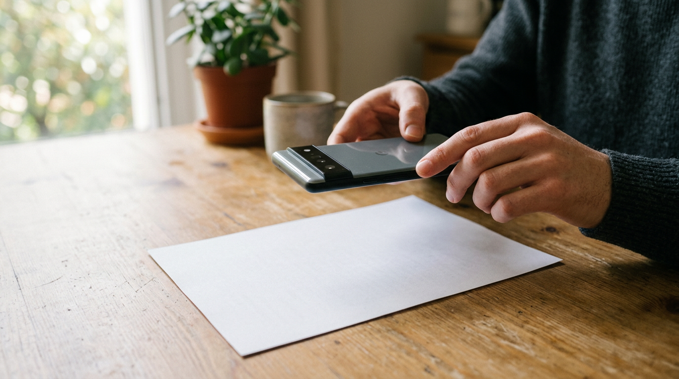 Realistische close-up van iemand die met een smartphonecamera een papieren docum...