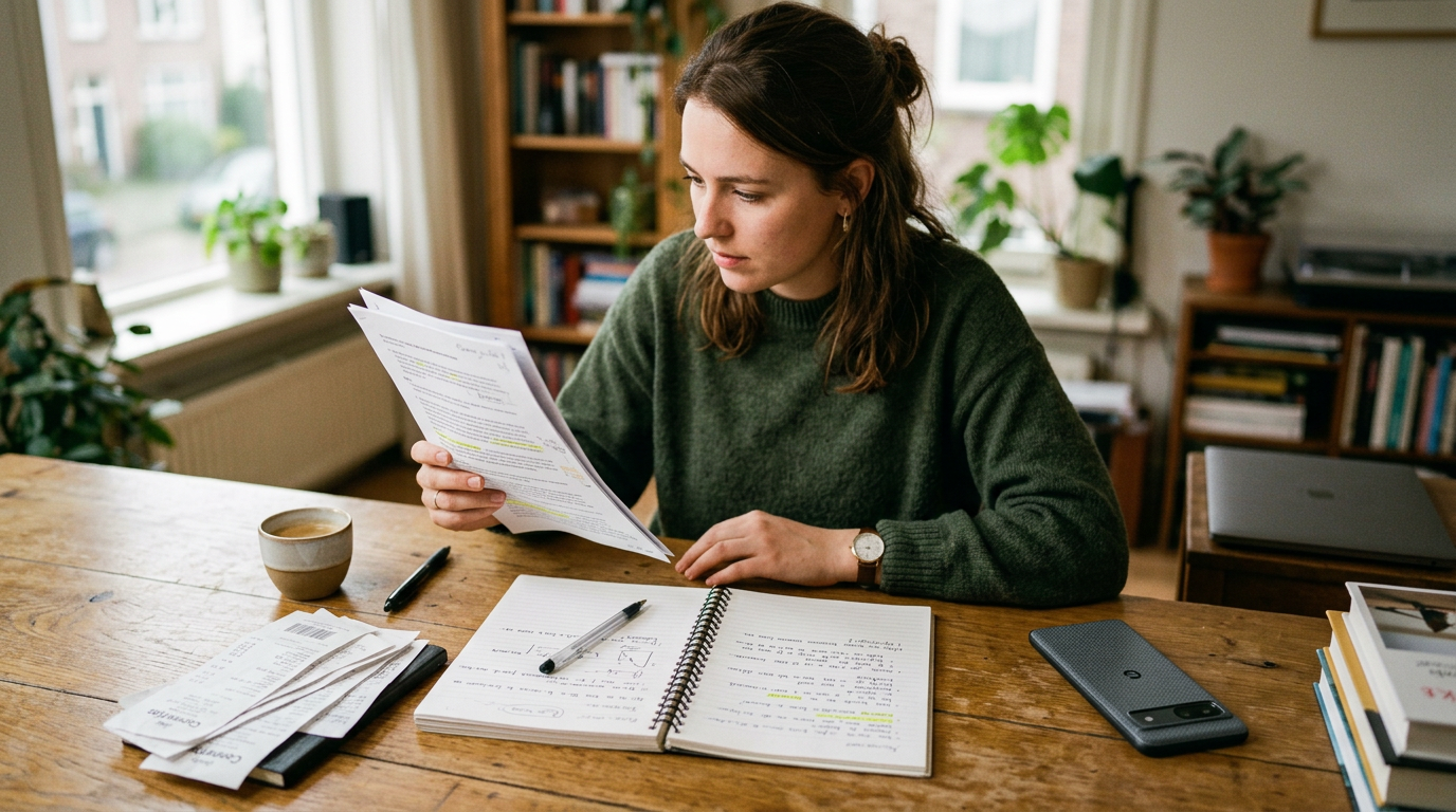 Spontane scène van een freelancer of student die een gescand document met meerde...