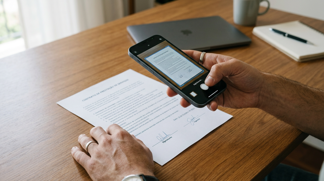 Close realista de uma pessoa usando a câmera de um smartphone para digitalizar u...