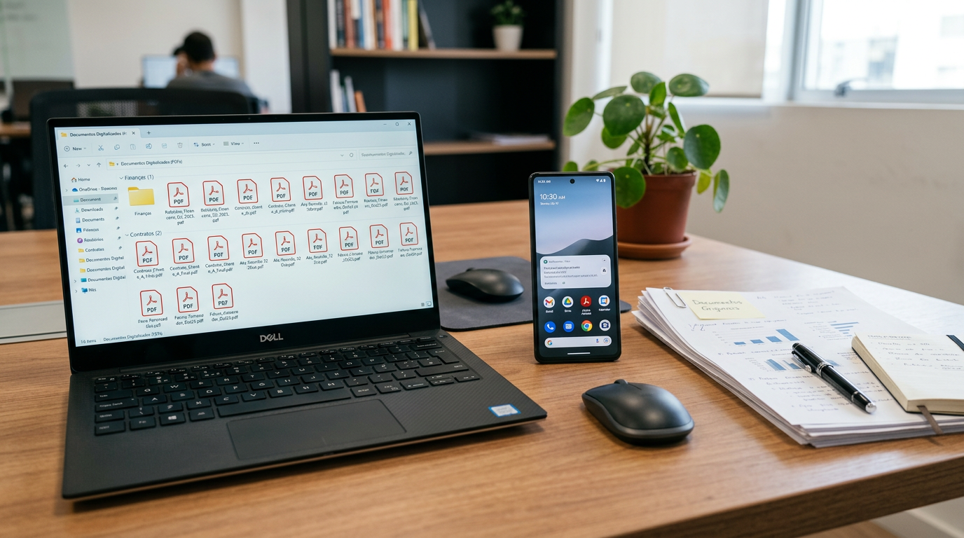 Espaço de trabalho organizado com vários documentos digitalizados transformados ...