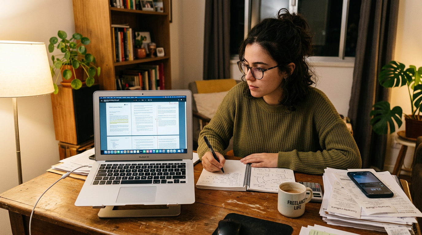 Cena espontânea de um freelancer ou estudante revisando um documento digitalizad...