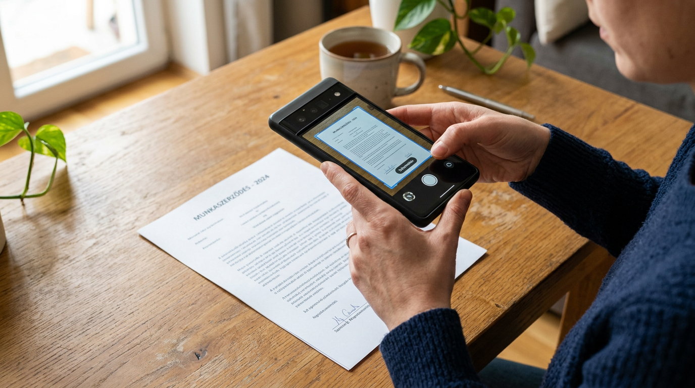Élethű közeli jelenet, ahogy valaki okostelefon kamerájával egy papírdokumentumo...