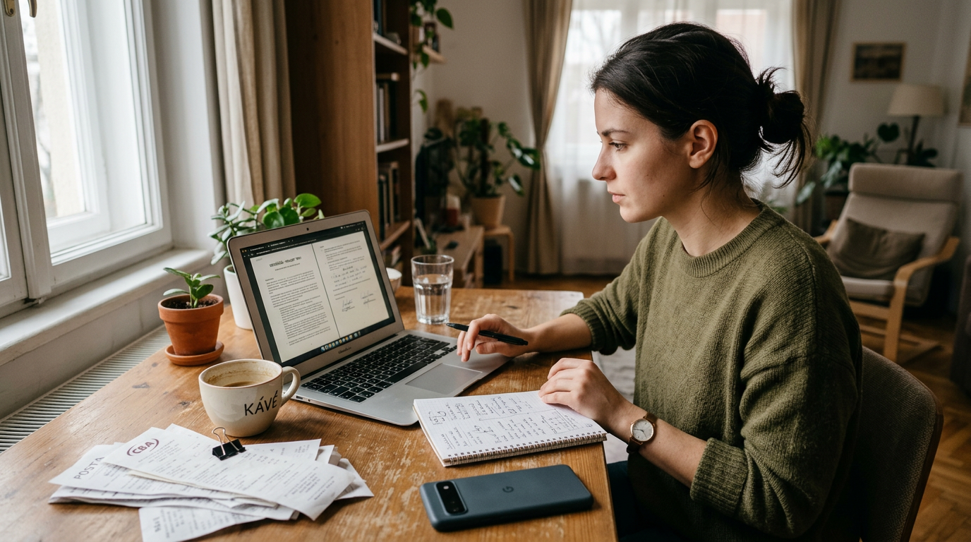 Természetes jelenet, ahogy egy szabadúszó vagy diák egy többoldalas beszkennelt ...