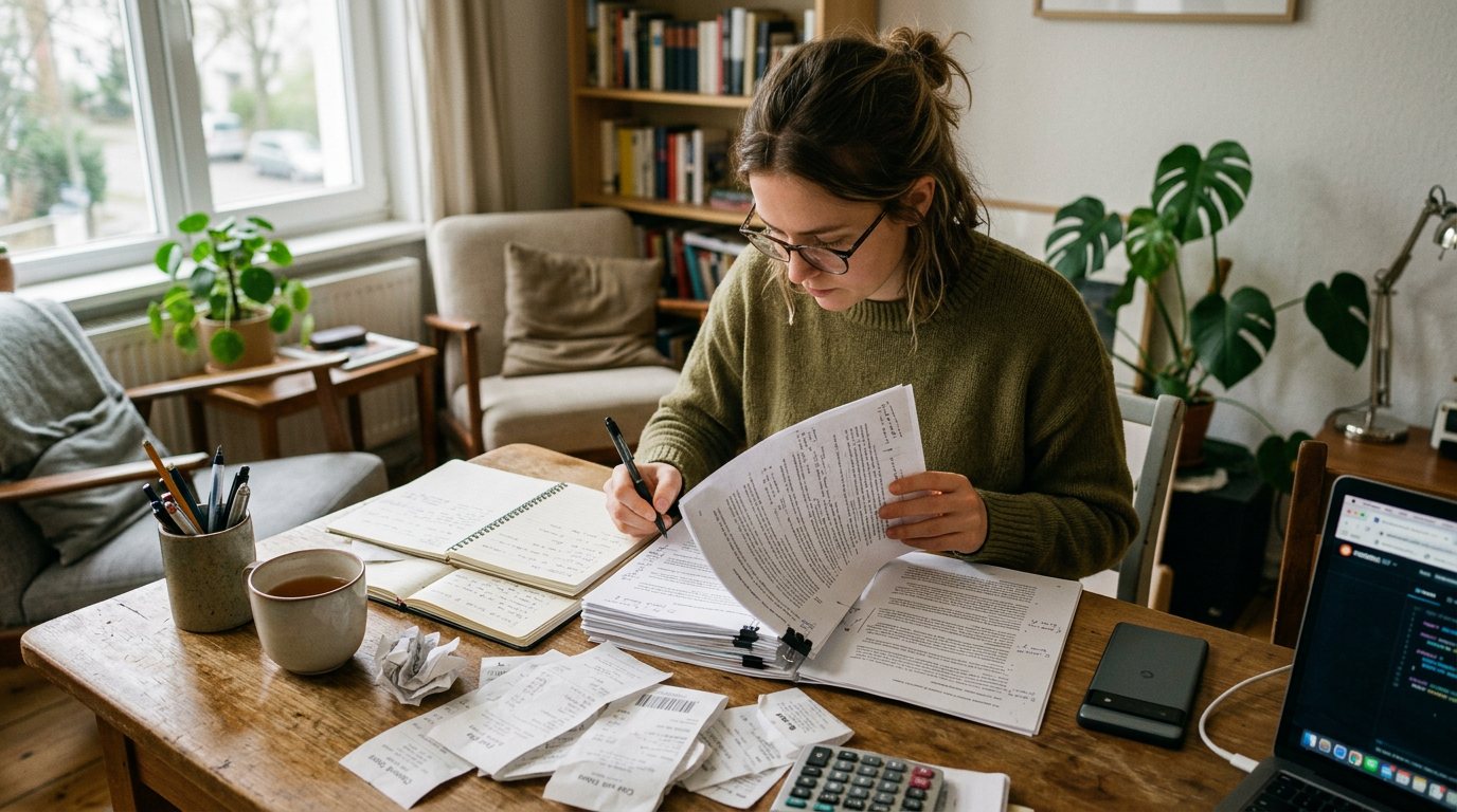 Живая сцена: фрилансер или студент просматривает многостраничный отсканированный...