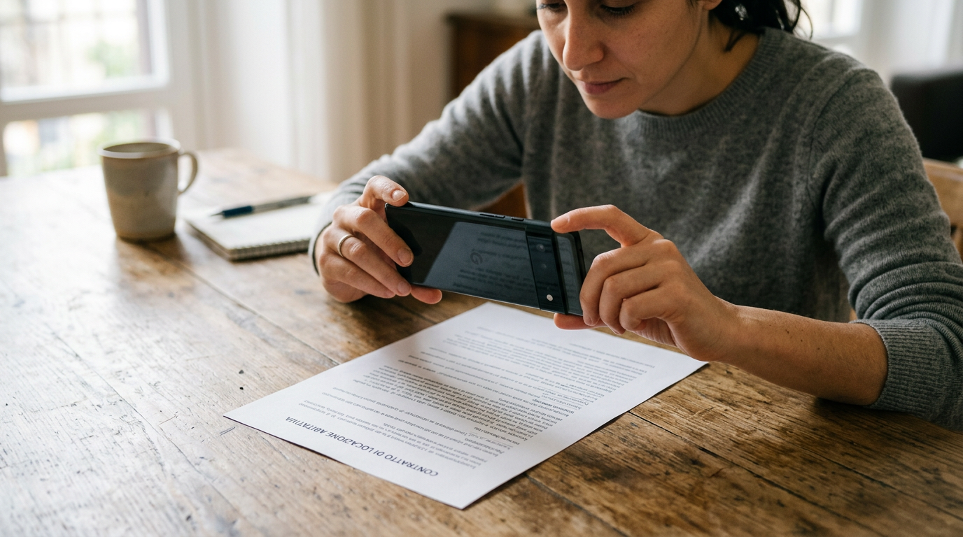Primo piano realistico di una persona che usa la fotocamera di uno smartphone pe...